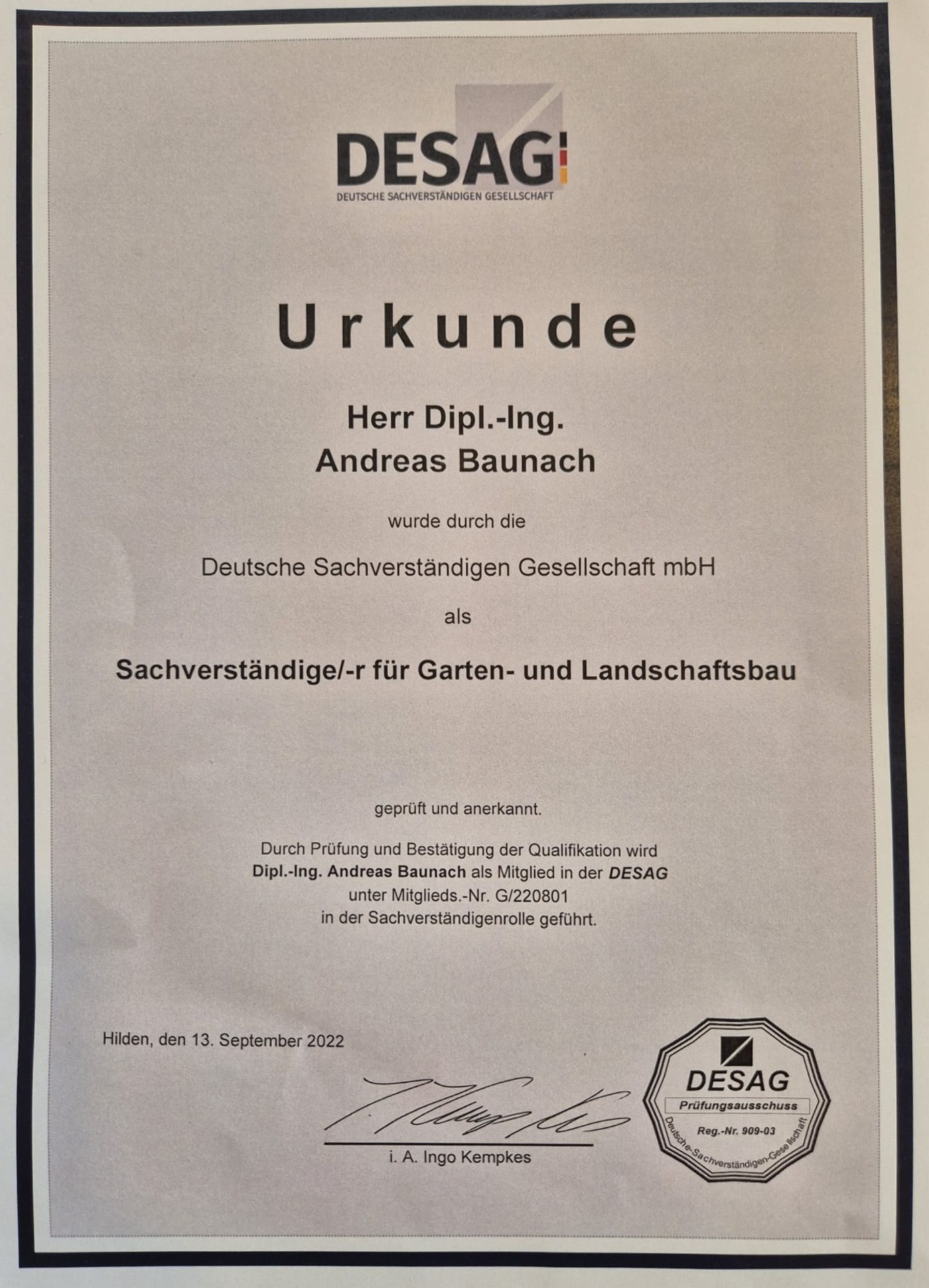 DESAG Urkunde als Sachverständiger für Garten- und Landschaftsbau