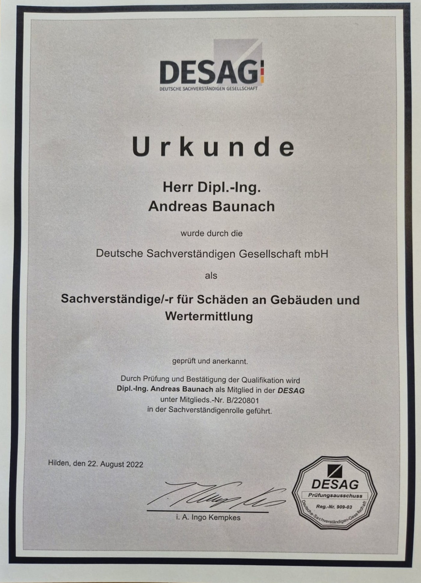 DESAG Urkunde für Schäden an Gebäuden und Wertermittlung